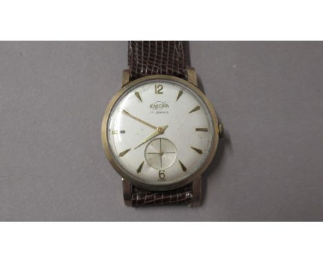 A gents 9ct cased Enicar manual wind wristwatch with seconds sub dial - case 34mm - working in the saleroom 