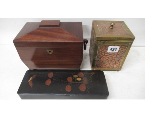 An Arts &amp; Crafts copper and brass tea caddy - 14cm x 10cm - together with a sarcophagus shape mahogany tea caddy - 15cm x