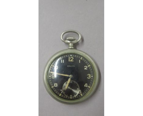 ZENITH Kriegsmarine Pocket Watch, 49mm. serial no. D.8410891.H. Metal case. Black dial, sub seconds. Working in saleroom. 