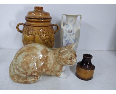 Two west German vases, a twin handled Kingston Pottery vase decorated in a blue floral design, along with a Winstanley light 