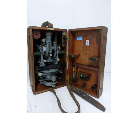 A mahogany cased theodolite by Cooke, Troughton & Simms Ltd, grey painted over brass, Vo 13741.Location: GIf there is no cond