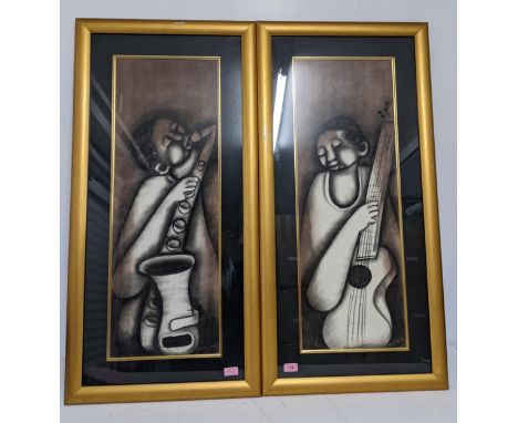 David Mbele (South African 1942-2010) - Musicians, a pair, one playing a guitar, the other a saxophone, pastels, signed lower