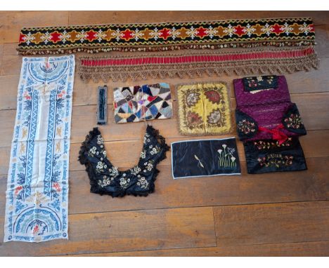 A quantity of 19th Century and later hand made decorative items to include a brown crotchet and red ribbon pelmet, a patchwor