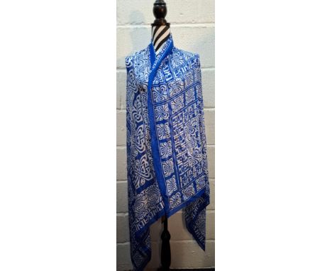 Biba-An unworn  modern blue and white sheer shawl with branded logo throughout, approx 39" x 75" and original tags (mannequin