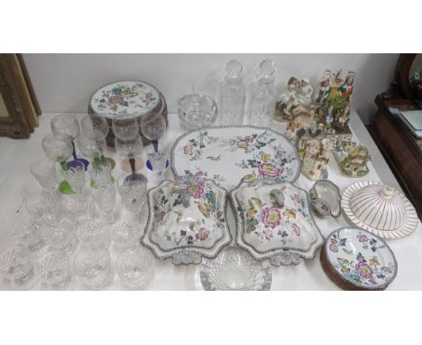 A mixed lot of ceramics and glassware to include a collection of 19th century Staffordshire ornaments, an Ashworth Brothers c