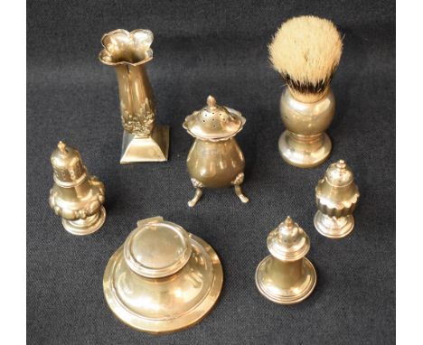 An assortment of silver items, comprising a weighted base inkwell having a set moulded design with marks for Birmingham 1913,