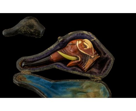 Meerschaum Pipe In Original Box. Meerschaum Pipe In the Form of An Elephant, Wonderful Carving and Detail, One Tusk Missing -