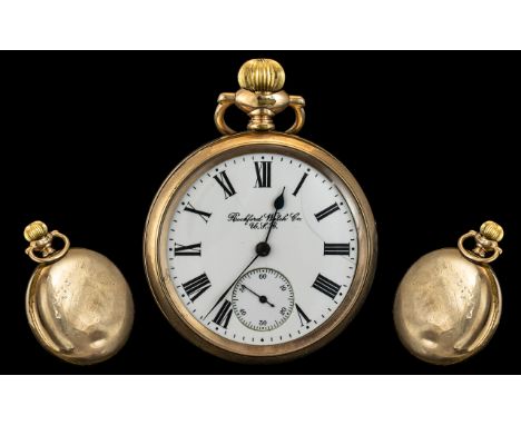 A Rockford Watch Company Open Faced Pocket Watch white enamel dial, Roman numerals with subsidiary seconds, a 51 mm gold plat