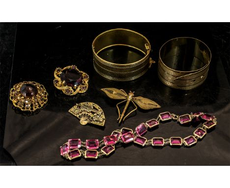 Vintage Gold Plated Items. To Include 2 Pinchbeck Bangles, Gold Plated Stone Set Necklace, Fan with Musical Instrument on, An