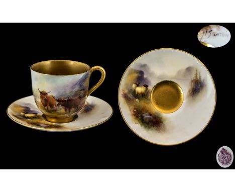 Royal Worcester Hand Painted and Signed Miniature Matched Cup and Saucer. Cup Signed Harry Stinton, Cattle In a Mountain Regi