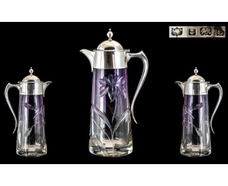 Edwardian Period 1902 - 1910 Superb Quality Silver Mounted Glass Claret Jug of Pleasing Proportions. The Amethyst and Clear G