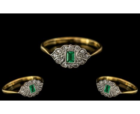 Art Deco Period 18ct Gold and Platinum Ladies Exquisite and Petite Diamond and Emerald Set Ring, Fan Shaped Design. Marked 18