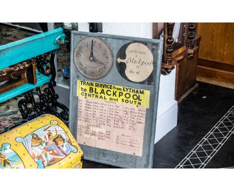 Plank Made Blackpool Train Service to Lytham Notice Board, with hand turned clock, 'Next train to Blackpool is due at ..' wit