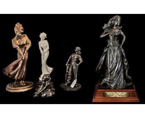 Collection of Bronzed and Porcelain Figures, comprising a 14" figure of a lady golfer in Victorian dress, raised on a base, a