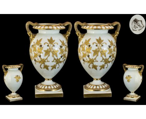 G &amp; Company China Works - Worcester Pair of Fine Quality Hand Decorated Twin Handle Urn Shaped Vases. Each Raised on a Sq