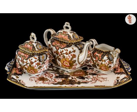 Royal Crown Derby Imari Pattern Superb 3 Piece Hand Painted Tea Service and Matching Large Eight Sided Twin Handle Tray. Wond