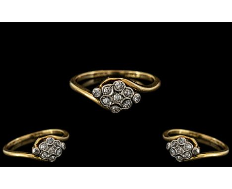 Ladies 18ct Gold - Attractive Pave Diamond Set Cluster Ring. c.1920. Stamped 18ct to Interior of Shank. The Diamonds of Excel