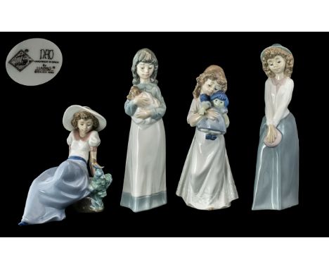 Nao by Lladro Collection of 4 Hand Painted Porcelain Figurines. Depicts 4 Young Girls In Various Dresses and Subjects. Talles