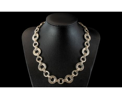 A Vintage Expensive Sterling Silver Fashion Large Circular Link Design Necklace. Hallmarked for 925 Silver, Double Link Clasp