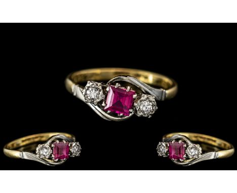 18ct Gold and Platinum Exquisite Diamond and Ruby Set 3 Stone Dress Ring. Marked Platinum and 18ct to Interior of Shank. Exce