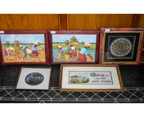 A Collection of Framed Pictures, to include Two Oil on Board Paintings of Corn Workers, together with 'Give Us Our Daily Brea
