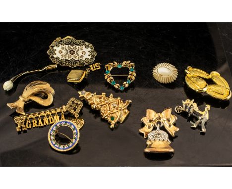 Vintage Gold Tone Collection of Brooches. Various Sizes and Subjects. Includes Grandma Brooch, Heart Wreath Brooch, Bow Brooc