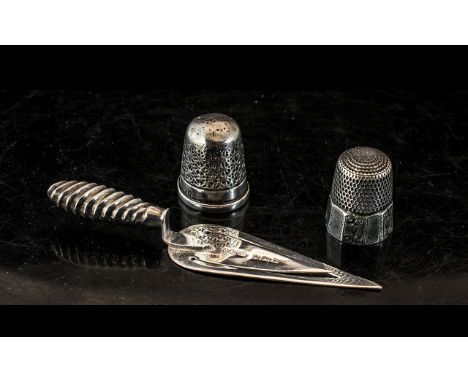 Collection of Silver Items - Bookmark and Thimbles. Novelty Silver Bookmark In Form of a Trowel and 2 Thimbles. All Items Ful