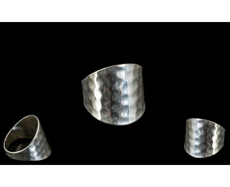 Contemporary Planished Silver Designer Ring. Lovely Contemporary Large Silver Ring of Lovely Design. Ring Size T. 