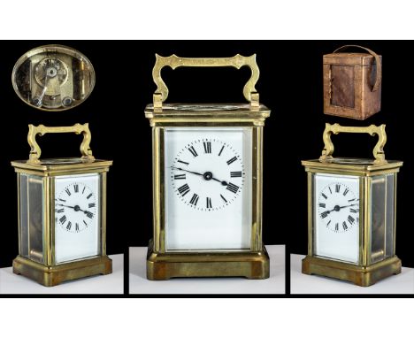 French - 19th Century Travellers Brass Carriage Clock. Complete with Tan Leather Carrying Case. Features White Enamel Dial, V