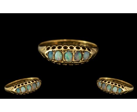 Ladies 18ct Gold Exquisite 5 Stone Opal Set Ring, Gallery Setting. The Opals of Excellent Colour and Well Matched. Hallmark B