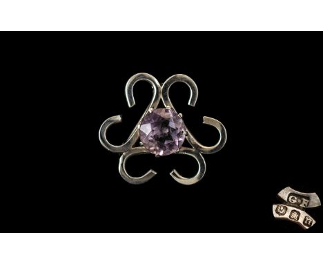 Scottish Silver Amethyst Set Brooch - Celtic Design. Fully Hallmarked for Edinburgh, Scotland. Lovely Design with Large Ameth