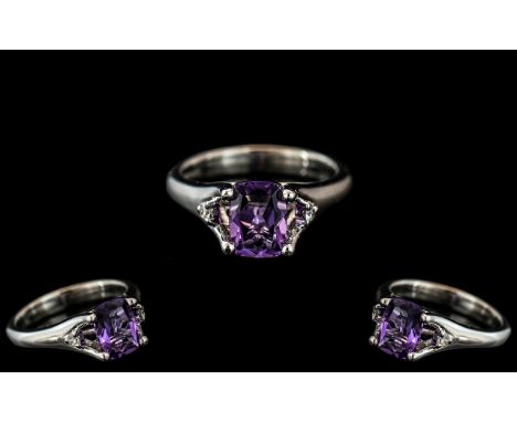 Ladies - Superb Contemporary 18ct White Gold Diamond and Amethyst Set Dress Ring, Hallmark to Interior of Shank. Top Quality 