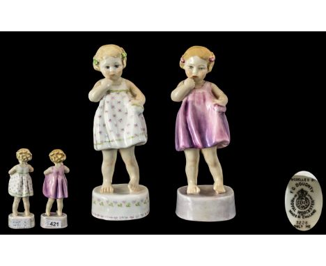 Royal Worcester Early Pair of Hand Painted Figures. Comprises 1/ Only Me, RW3226. Pink Dress, Lilac Base, Black Stamp. Issued
