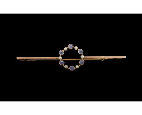 Antique 9ct Gold Bar Brooch. Decorated to Centre with Light Blue Sapphire and Seed Pearls. Good Quality Throughout. 6 cms In 