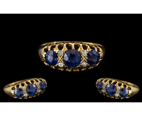 Edwardian Period - Attractive Ladies 18ct Gold Sapphire and Diamond Set Ring, Gallery Setting. Hallmark Birmingham 1912 with 