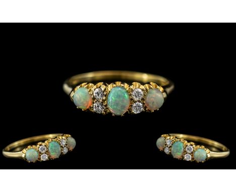 Antique Period - Beautiful Opal and Diamond Set Ring with Gallery Setting. Marked 18ct Gold to Interior of Shank. The Dome Sh
