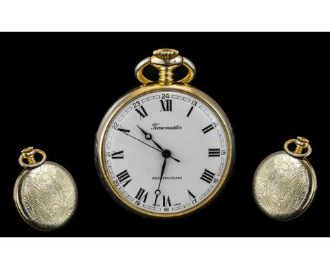 Time Master Open Faced Pocket Watch white enamel dial with Roman numerals, centre seconds, base metal 47 mm case. In working 