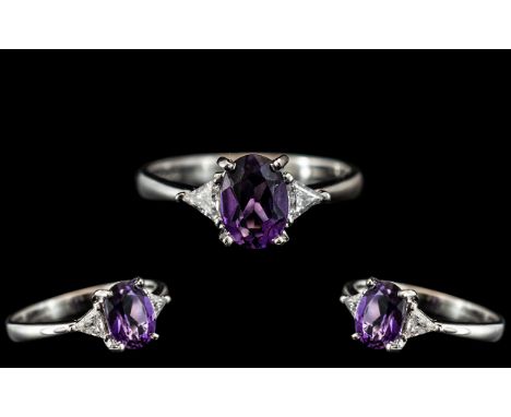 Platinum - Good Quality and Attractive Diamond and Amethyst Set Dress Ring. Marked 950 Platinum to Interior of Shank. The Cen