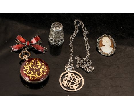 Collection of Antique Items. Silver Celtic Pendant and Chain. Silver Thimble, Silver Cameo, Pretty Ladies Enamel Fob Watch. P