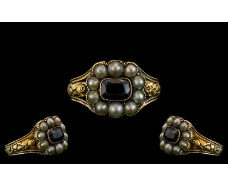 Georgian Period - Attractive 12 ct Gold Garnet and Pearl Set Posy Ring, with Closed Back and Floral Embossed Decoration to Ou