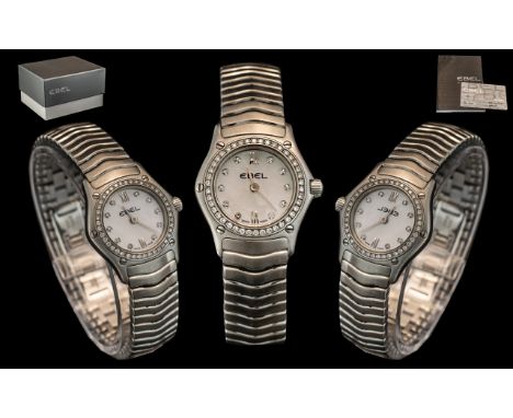 Ladies Ebel Classic Wave Stainless Steel Wristwatch white dial with a diamond bezel, model no 9656F04. Complete with all pack