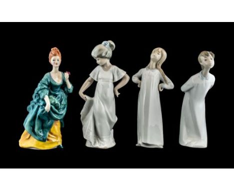 Four Figurines To Include A Royal Doulton Olga HN 2463, Lladro Boy Blowing Kis #4869, Lladro Girl + Nao Girl. Please note the