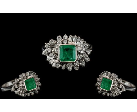 Art Deco - Platinum Emerald and Diamond Set Cocktail Ring. c.1930. The Natural Princes Cut Emerald of Excellent Colour. Est W