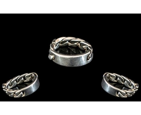 Unusual Designer Silver Ring In the Form of An I.D Bracelet. Solid Silver Ring In the Form of I.D Bracelet. Full Hallmark. Ri