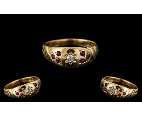 Late Victorian Period 18ct Gold - Attractive Rubies and Diamond Pave Set Ladies Ring. Excellent Hallmark For Birmingham 1900 