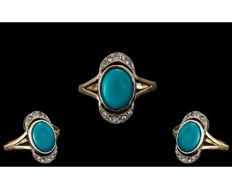 Edwardian Period Ladies - Exquisite and Pleasing 9ct Gold Turquoise and Diamond Set Ring, Excellent Design, with Full Hallmar