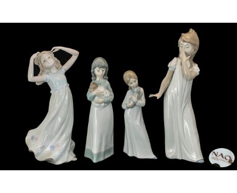 Collection of Three Nao Figures comprising a girl with her puppy, 8" tall, a yawning girl 12" tall, and a girl with her puppy