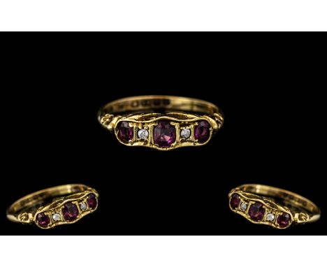 18ct Gold - Attractive Ruby and Diamond Set Ring, Excellent Designed Setting / Pretty. Hallmark Birmingham 1919, Full Mark fo