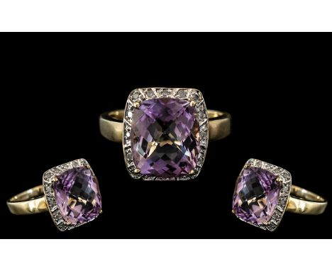 Ladies - Attractive 9ct Gold Amethyst and Diamond Set Ring, Excellent Setting. Marked 9ct. The Large Faceted Amethyst Surroun