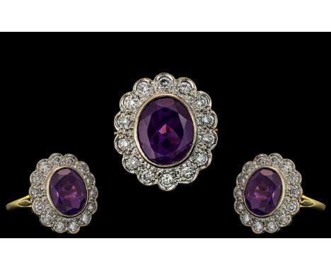 Ladies - Superb Quality 18ct Gold Impressive Diamond and Amethyst Set Cluster Ring. The Central Oval Shaped Amethyst of Super